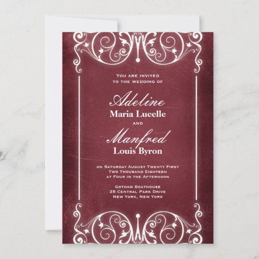Invitation Nouveau Victorien : Bourgogne et Mariage blanc (Devant)