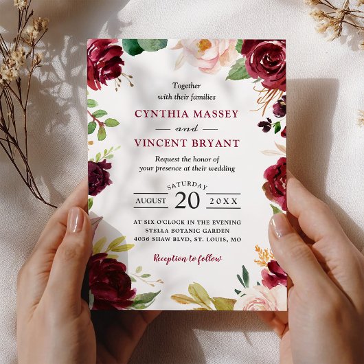 Invitation NOUVEAUTÉ ! Belle Bourgogne Blush Floral Mariage m