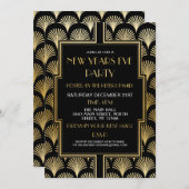 Invitation Nouvel An 1920 Fan noir et or du Gatsby Party (Devant / Derrière)