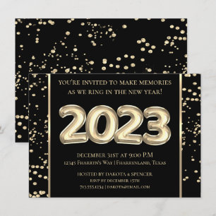 Invitation Nouvel An 2023   Confetti à bulles d'or et de noir