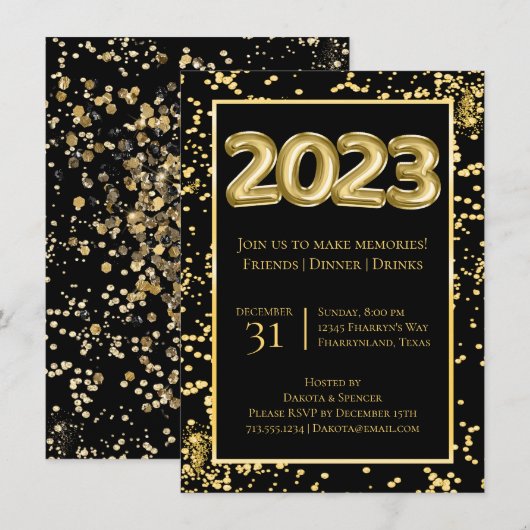 Invitation Nouvel An 2023 | Confetti à bulles d'or et de noir (Devant / Derrière)