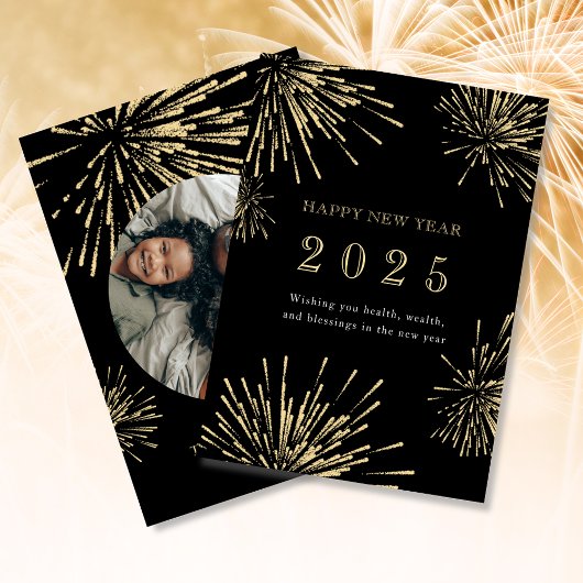 Invitation Nouvel An Black Gold Firework Photo Holiday Card