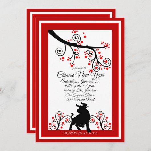 Invitation Nouvel An chinois 2021 Ox et arbre à fleurs (Devant / Derrière)