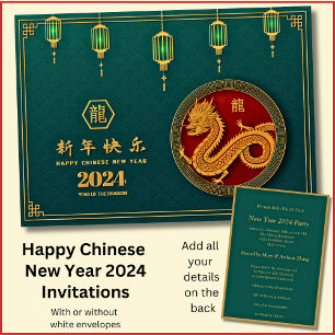 Invitation Nouvel An Chinois 2024, Ajouter Nom, Green Gold Dr