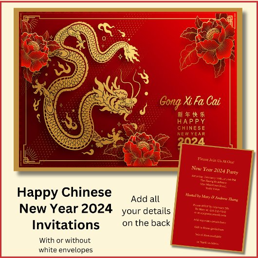 Invitation Nouvel An Chinois 2024 Ajouter Nom, Red Gold Drago
