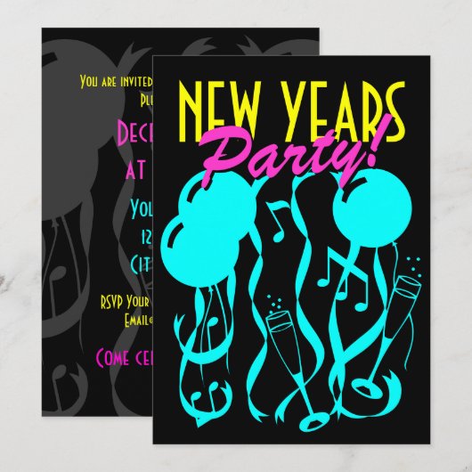 Invitation Nouvel an | Couleurs néon (Devant / Derrière)