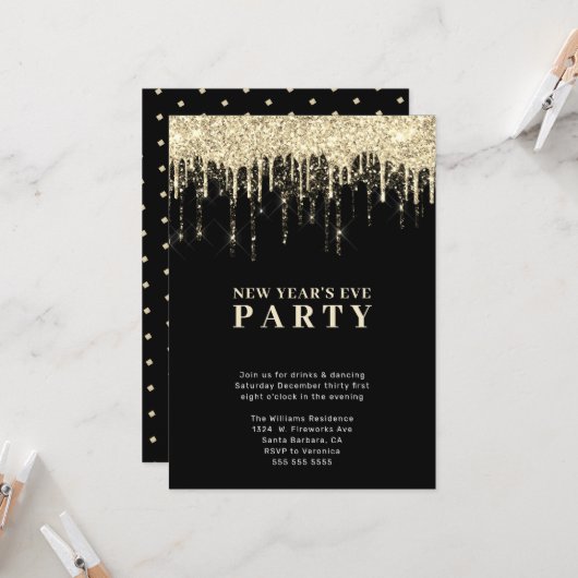 Invitation Nouvel An Eve Elegant Black Gold Parties scintilla (Devant/Arrière en situation)