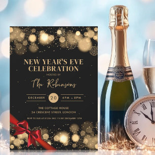 Invitation Nouvel An Eve Gold Black Winter Wonder Red Bow