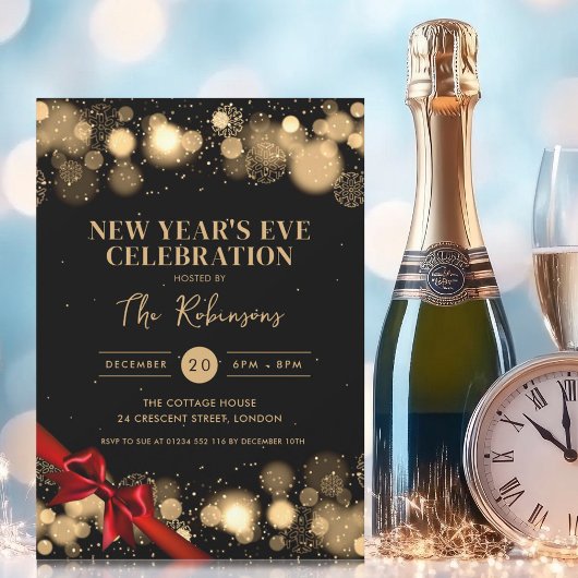 Invitation Nouvel An Eve Gold Black Winter Wonder Red Bow