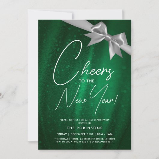 Invitation Nouvel An Eve Silver Green Sparkine Sequin Bow (Devant)