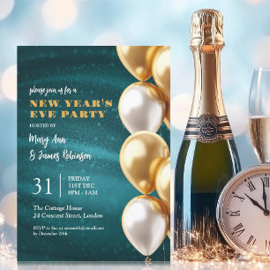 Invitation Nouvel An Eve Turquoise Gold Shimmer Sequer Ballon