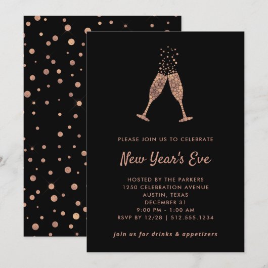 Invitation Nouvel An| Faux Rose Gold Confetti (Devant / Derrière)