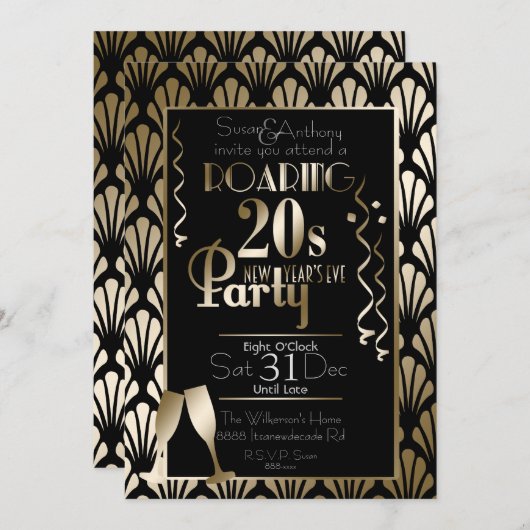 Invitation Nouvel An : l'or Art déco des années 20 (Devant / Derrière)