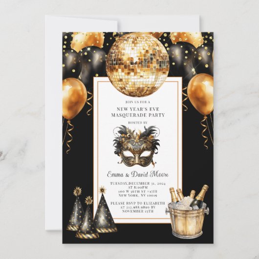 Invitation Nouvel An Masquerade Party Gold Black Parties scin (Devant)