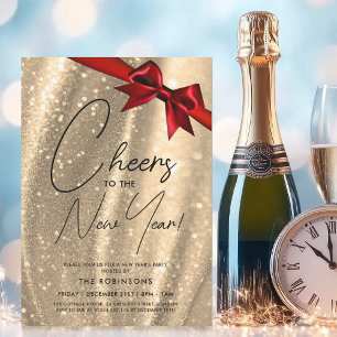 Invitation Nouvel An MODERNE Eve Gold Sparkle Sequin Red Bow
