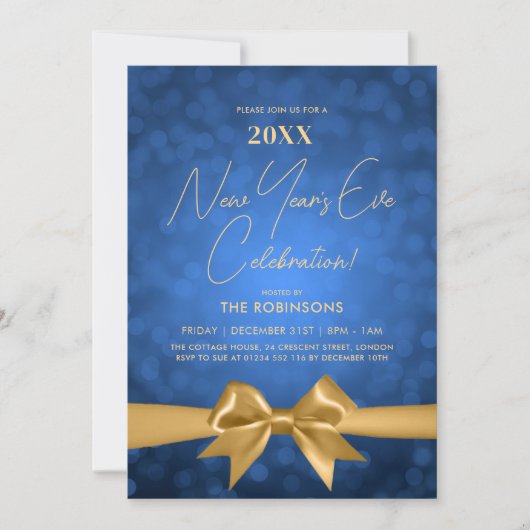 Invitation Nouvel An MODERNE Seve Party Navy Bokeh Gold Bow (Devant)
