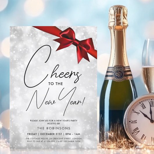 Invitation Nouvel An MODERNE Soir Argent Champagne Bokeh Bow