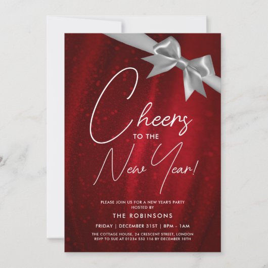 Invitation Nouvel An MODERNE Soir Argent Rouge Sparkle Bow (Devant)