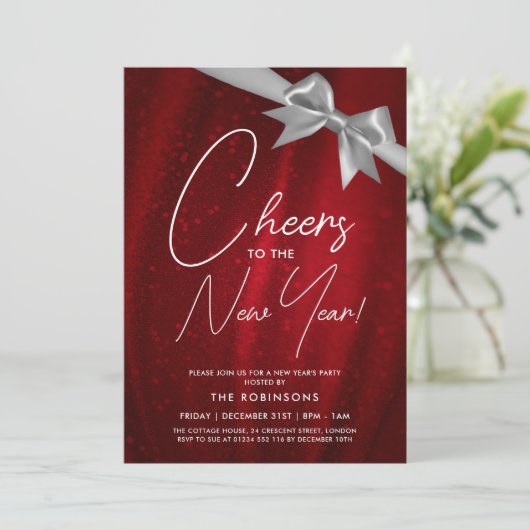 Invitation Nouvel An MODERNE Soir Argent Rouge Sparkle Bow (Debout devant)