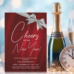 Invitation Nouvel An MODERNE Soir Argent Rouge Sparkle Bow