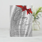 Invitation Nouvel An MODERNE Soir Silver Sequin Red Bow (Debout devant)