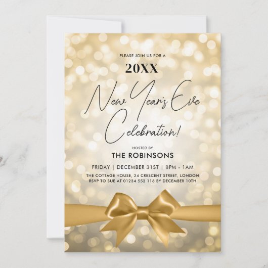 Invitation Nouvel An MODERNE Sove Party Gold Bokeh Bow (Devant)
