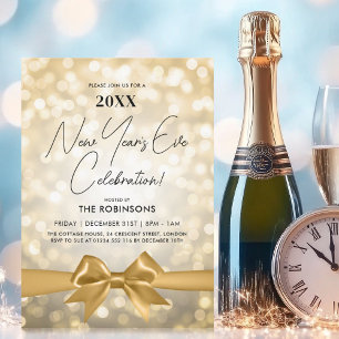 Invitation Nouvel An MODERNE Sove Party Gold Bokeh Bow