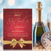 Invitation Nouvel An MODERNE Sove Party Red Bokeh Gold Bow