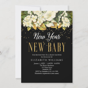 Invitation Nouvel An Nouvel Enfant Gold Black Floral Baby sho