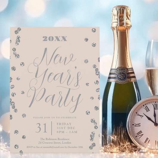 Invitation Nouvel An Parties scintillant Argent Confetti Cham