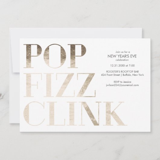 Invitation Nouvel An Pop Fizz Clink Faux Papier Doré (Devant)