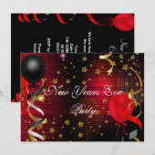Invitation Nouvel An Réveillé Fête Black Red Stars (Devant / Derrière)