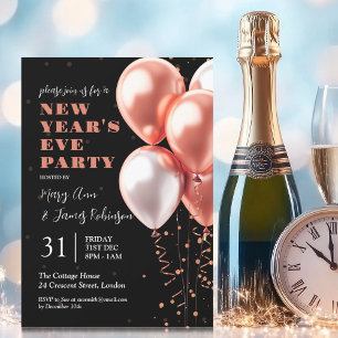 Invitation Nouvel An Rose Gold Confetti Balloons Noir