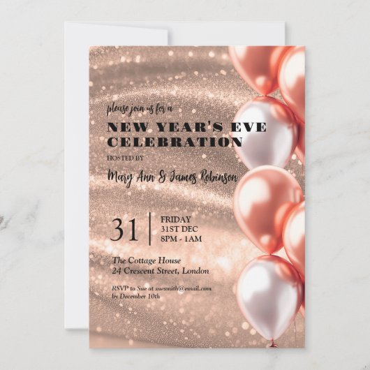 Invitation Nouvel An Rose Gold Sequin Ballons (Devant)