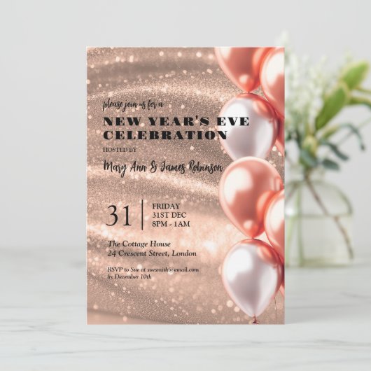 Invitation Nouvel An Rose Gold Sequin Ballons (Debout devant)