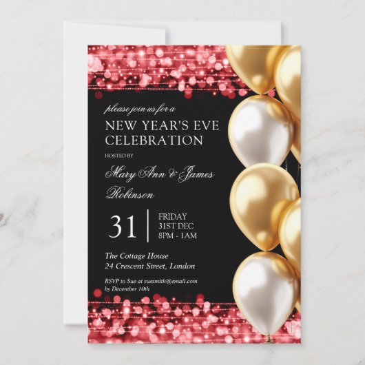 Invitation Nouvel An Rouge Chatoyant Lumières Or Ballons (Devant)