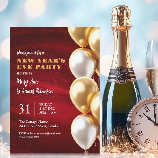 Invitation Nouvel An Rouge Or Séquins Chatoyants Ballons