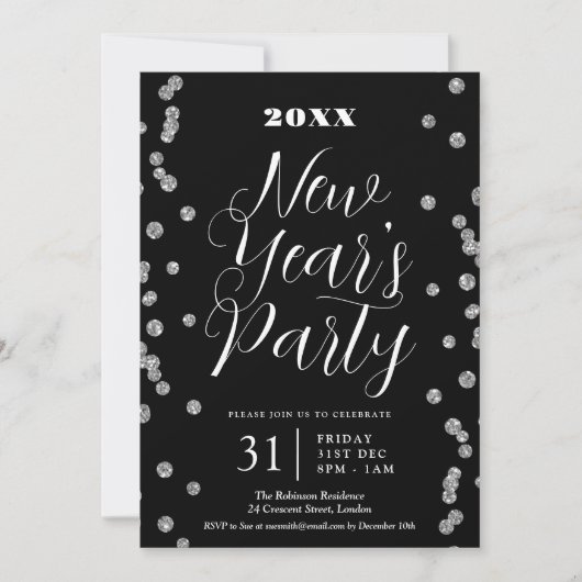 Invitation Nouvel An Silver Parties scintillant Confetti Noir (Devant)