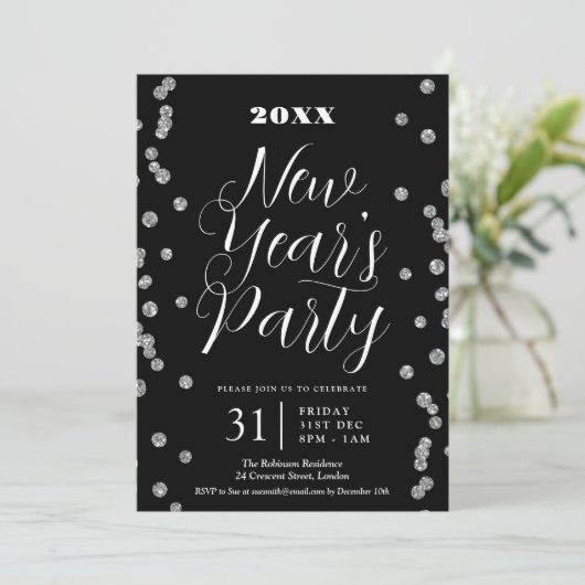 Invitation Nouvel An Silver Parties scintillant Confetti Noir (Debout devant)