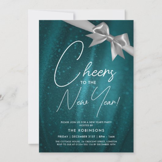 Invitation Nouvel An Silver Sparkine Sequin Bow Turquoise (Devant)