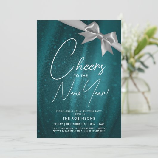 Invitation Nouvel An Silver Sparkine Sequin Bow Turquoise (Debout devant)