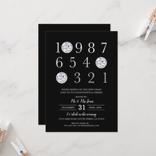 Invitation Nouvel An Soirée Noir Silver Disco Ball (Devant/Arrière en situation)