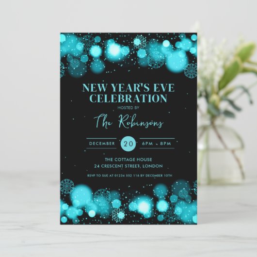Invitation Nouvel An Soirée Turquoise Black Winter Wonder (Debout devant)