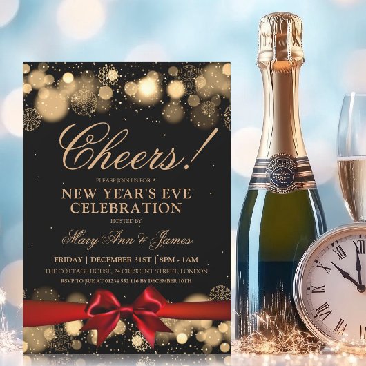 Invitation Nouvel An Sove Party Gold Winter Wonder Red Bow