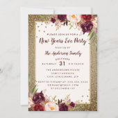 Invitation Nouvel An Sove Party Golden Burgundy Floral Invita (Devant)
