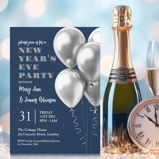 Invitation Nouvel An Sove Party Silver Ballons Marine Bleu