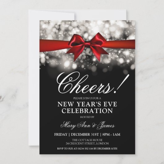Invitation Nouvel An Sove Party Silver Éclairage Red Bow (Devant)