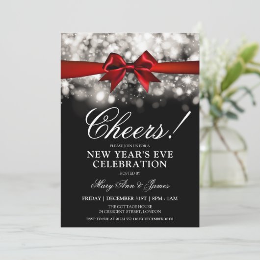 Invitation Nouvel An Sove Party Silver Éclairage Red Bow (Debout devant)