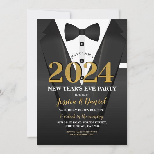 Invitation Nouvel An Tuxedo Suit Gold Black Bow Cravate (Devant)