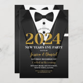Invitation Nouvel An Tuxedo Suit Gold Black Bow Cravate (Devant / Derrière)
